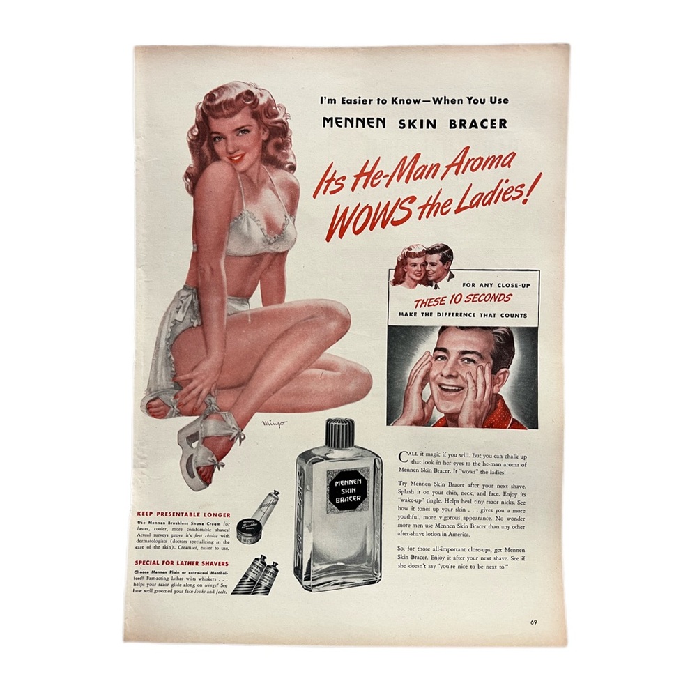 Vintage 1946 Mennen magazine ad. Pin up girl mid century modern MCM ephemera GUC